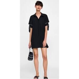 ZARA Black Collared Shift Dress Tie Cuffs Size L